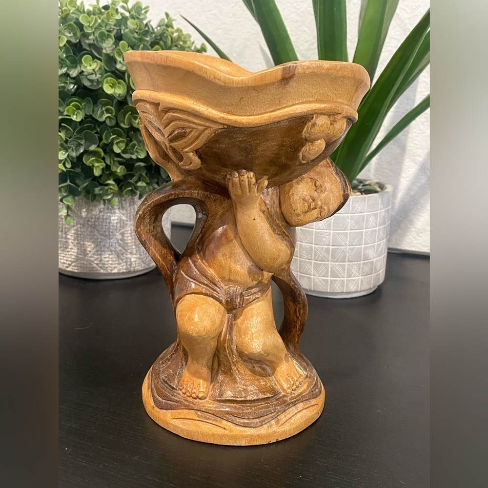 Vintage Wood Carved Boy Holding a‎ Grape Bowl Large Figurine.